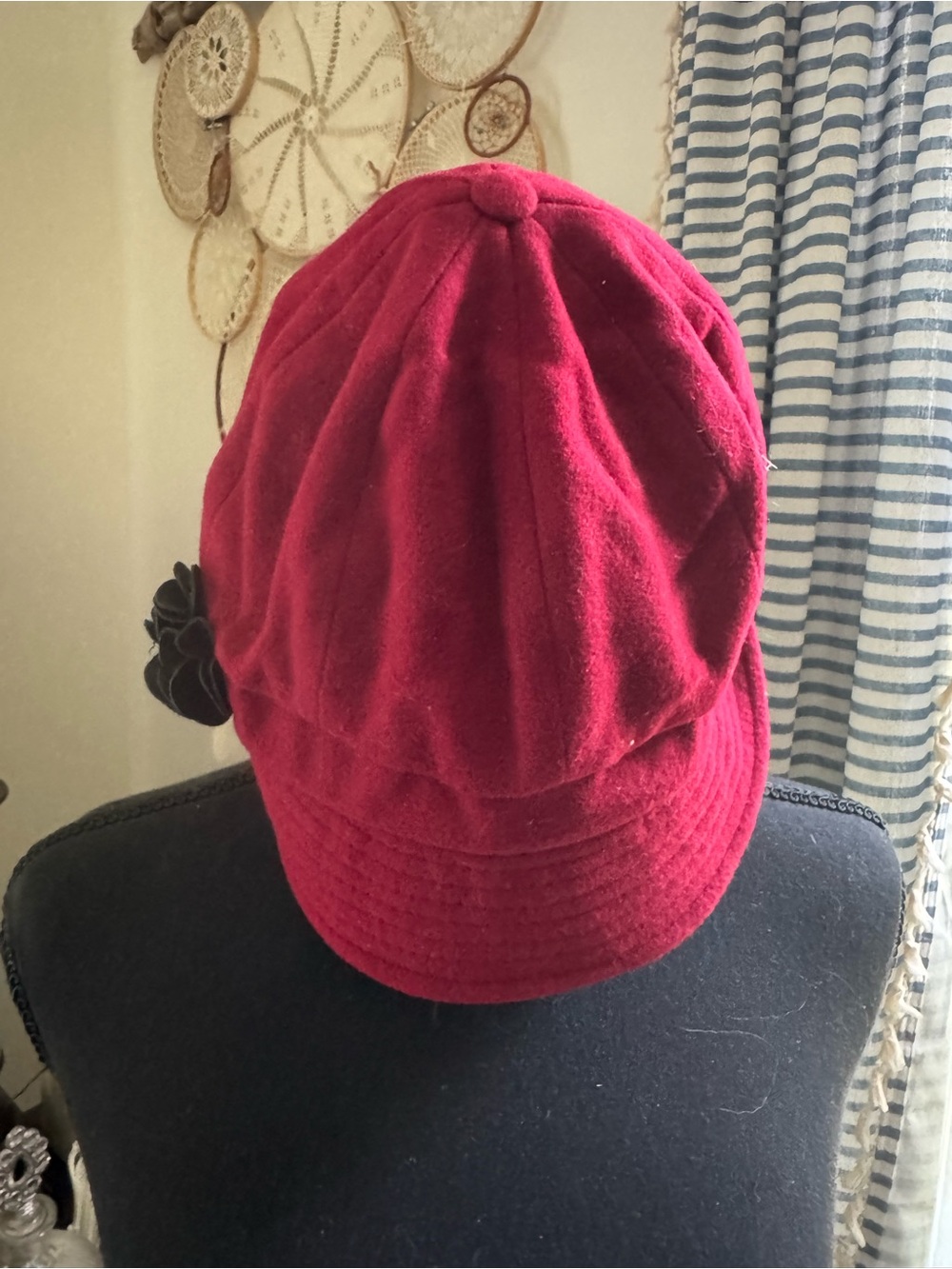 Womens Red Wool Newsboy Cap with Side Flower